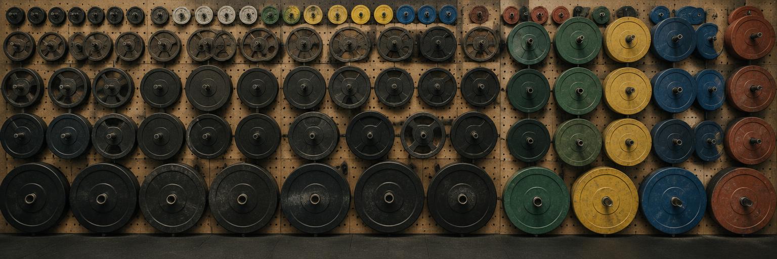 A gym wall covered in weight plates of every size